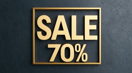 Gold 70 percent off sale sign enclosed in a frame against a dark textured wall background, ideal for premium promotional content.