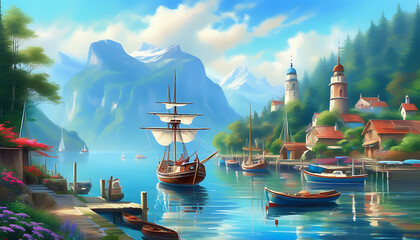 Wall Mural - Beautiful scene of boats moored in a serene harbor against a blue sky