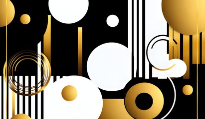 Abstract geometric background with gold circles and black and white stripes