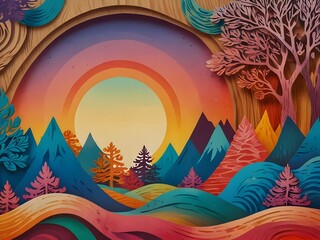 Wall Mural - landscape with sun and rainbow aura