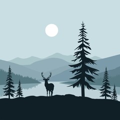 Wall Mural - landscape with deer