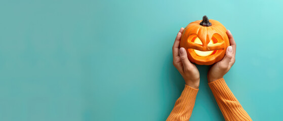 A person holds glowing pumpkin with cheerful expression, perfect for Halloween