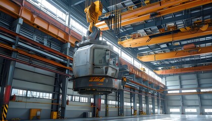 Wall Mural - Hanging crane machine in an expansive industrial factory setting