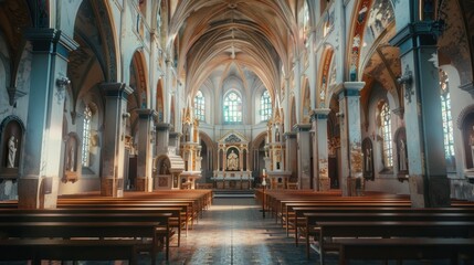 A large church with many pews and stained glass windows