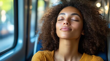 Woman Relaxing with Eyes Closed in a Subway Train