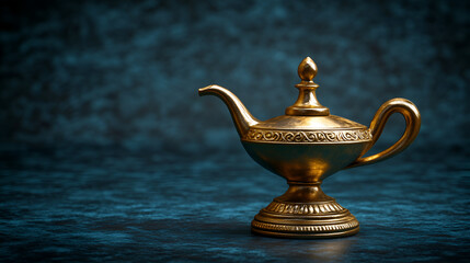 Golden Genie Lamp on Blue Background