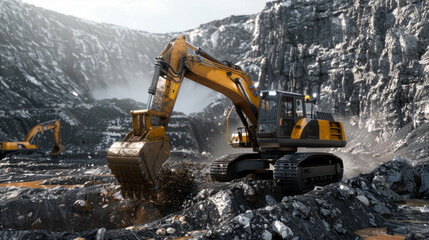 A large yellow and black construction vehicle is digging into the ground