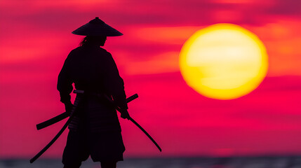 Poster - Samurai Silhouette at Sunset with Rising Sun