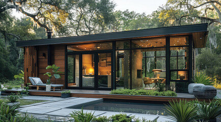 Aufkleber - A modern two-story tiny home with dark wood and a patio, wood exterior wall paneling, a steel frame structure, glass doors, an interior design of the living room with a seating area. Generative AI.
