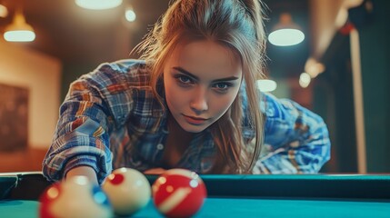 Concept of competition. A young girl playing pool and having fun. Gorgeous, stylish woman having fun while engaging in entertainment