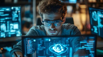 Poster - A young,scruffy-haired programmer intently focused on coding and problem-solving,surrounded by multiple digital screens in a high-tech,modern office setting.