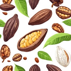 Wall Mural - Cocoa Beans and Leaves Seamless Pattern