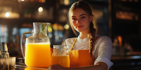 Canvas Print - A young woman smiles while holding a pitcher and a glass of fresh orange juice. The vibrant color contrasts against the warm, inviting bar atmosphere. Perfect for wellness or summer themes. AI