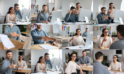 Aufkleber - A group of professionals participates in a series of discussions and collaborative activities within a modern office environment. They engage in conversations, share documents