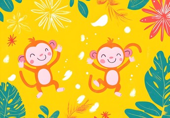 Cute Monkeys with Tropical Leaves and Flowers on Yellow Background