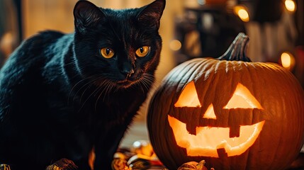 A close-up of a black cat sitting next to a carved pumpkin, surrounded by spooky Halloween decor.