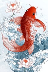 A red koi fish leaping out of the water with two white lotus flowers.