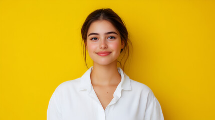 Wall Mural - Happy Young Woman in White Shirt Against Yellow Background