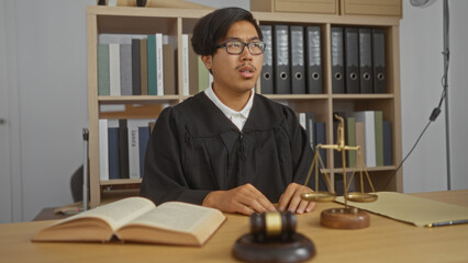 Young asian man in judge robe sitting in an office with legal books and a gavel, reflecting the judicial environment of a courtroom in china.