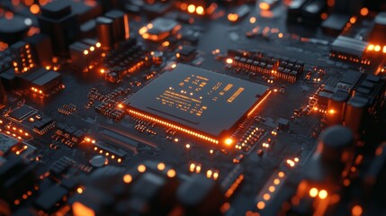 Sticker - A close-up image of a computer chip illuminated on a circuit board, representing technological advancement, innovation, complex circuitry, data processing, and the future of computing.