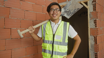 Wall Mural - Young asian man in construction vest smiling indoors at a building site holding a shovel over shoulder