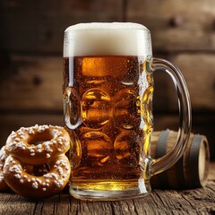 Mug of cold beer, pretzel and barrel on wooden background. Oktoberfest celebration