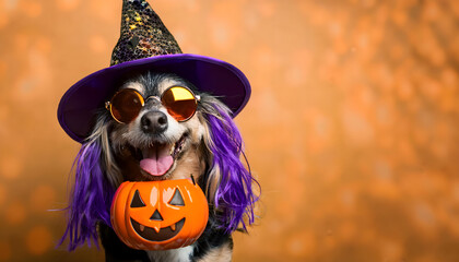 dog, halloween, pumpkin, orange, new, copy space, close up, sunglasses, witch, holiday, hat, autumn, october, fun, art, celebration, face, black, lantern, cartoon, jack, o, with, holding, on, in, ad, 