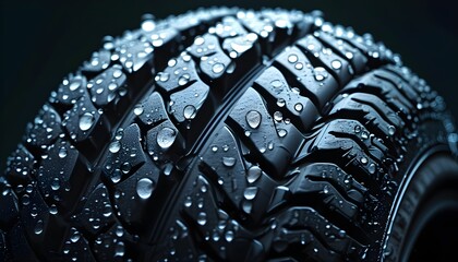 Glistening water droplets on new car tires set against a sleek dark backdrop