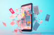 © alisluch - Smartphone screen exploding with digital news articles and notifications, representing information overload and media consumption