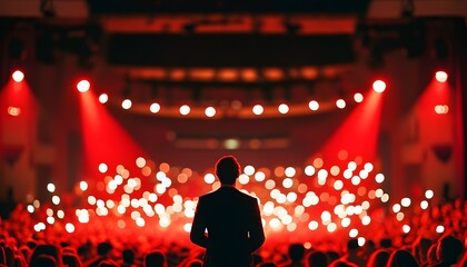 Wall Mural - Dramatic stage presence of a speaker captivating a large audience under vivid red lighting in a grand theater