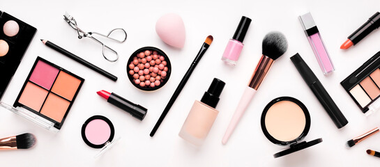 Poster - Set of cosmetic products for makeup with natural brushes on white background, panorama