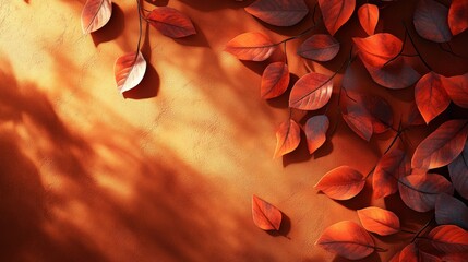 The shadow cast by autumn leaves on a brown textured background, taken from a top-down perspective. The seasonal concept of natural inspiration is very suitable for autumn themed design