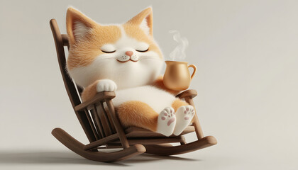 3d, cute chubby furry cat, satisfied expression, one eye open, other closed, lying in rocking chair, drinking hot tea