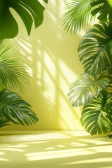 Poster - A pastel mint podium is surrounded by lush tropical leaves on a bright yellow backdrop, creating a vibrant setting for showcasing products in a refined style