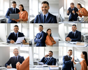 Aufkleber - A dynamic team of professionals is actively collaborating in a contemporary office setting. Individuals are engaged in discussions, sharing ideas, and expressing enthusiasm over their projects.