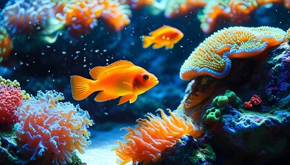 Vibrant underwater paradise featuring colorful corals and orange fish swimming in crystal-clear waters