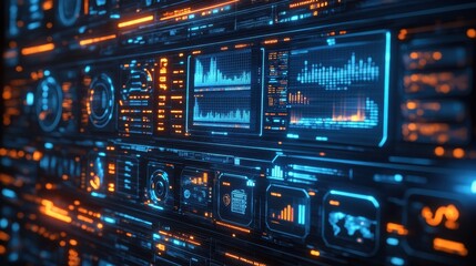 Futuristic digital interface displaying data and graphs, perfect for technology and data visualization concepts.