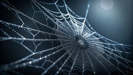 Frosty spider web with water droplets in blue tones