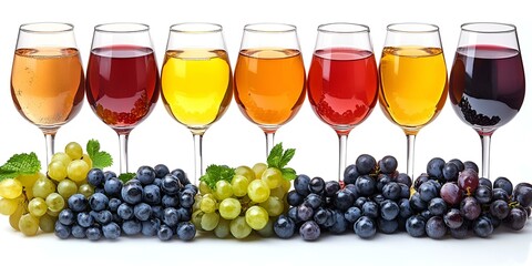 a group of wine glasses with different colored liquid in them