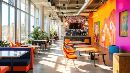 Poster - A creative coworking space with bright colors, comfortable seating, and a lively atmosphere.