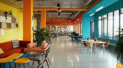 Poster - A creative coworking space with bright colors, comfortable seating, and a lively atmosphere.