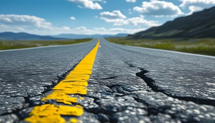 Wall Mural - Resilient Journey Along a Cracked Asphalt Road with Faded Yellow Line Stretching Toward the Horizon