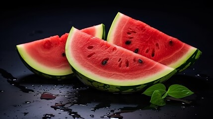 Freshly sliced watermelon on a dark surface with water droplets reflecting natural light