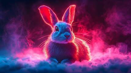 Wall Mural - Lifelike high-resolution image of a hare surrounded by bright neon light highlights