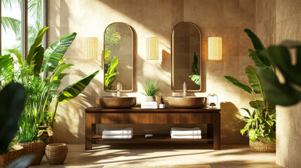 A modern bathroom with sleek brown ceramic features. It has two mirrors, a wooden table with a lamp, and lush tropical plants. Sunlight streams in, making the space feel bright and airy.