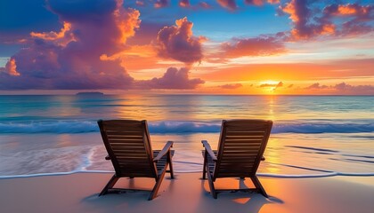 Serene sunset on a tropical beach with wooden chairs overlooking the calm ocean and vibrant skies, embodying relaxation and tranquility