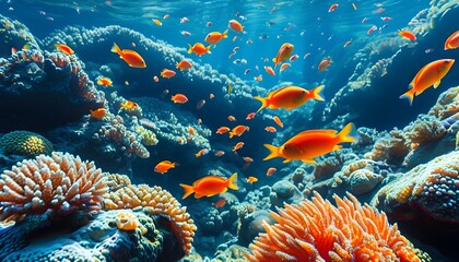 Vibrant underwater paradise with colorful corals and playful orange fish in crystal clear waters