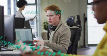 Poster - Animation of data processing and diagrams over diverse colleagues using computer in office