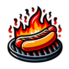 A sizzling hotdog on a grill with flames rising from underneath a vector art illustration on a white background.
