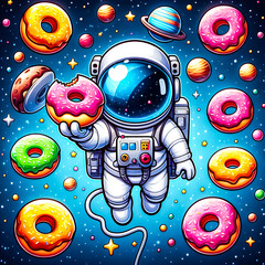 A playful astronaut floating in space, holding a donut in one hand with a bite taken out of it vector art illustration on a white background.


